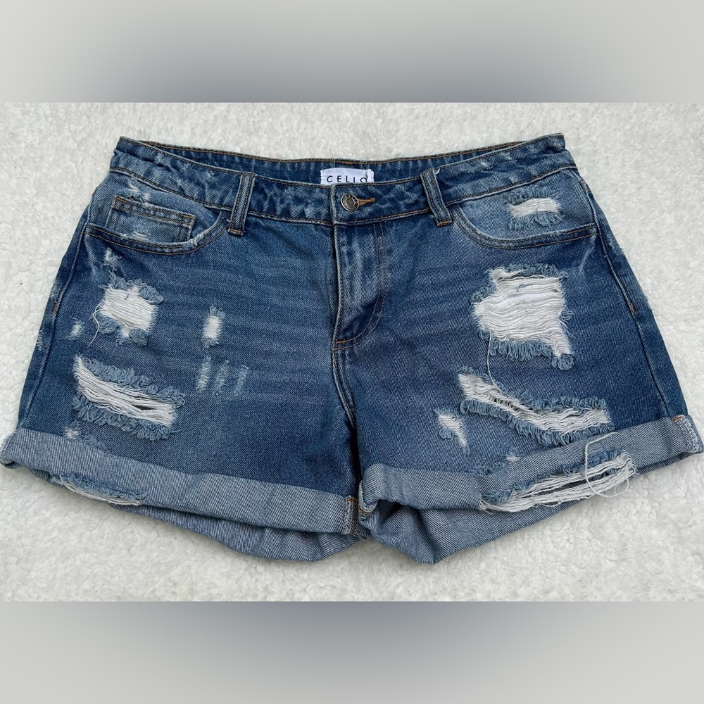 Cello Medium Blue Distressed Denim Roll-Hem Shorts